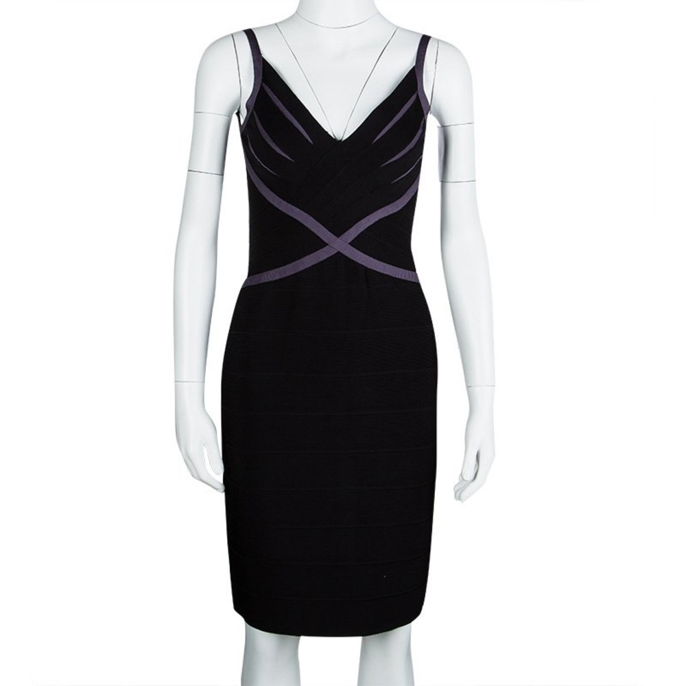 Herve Leger Black and Purple v neck Bodycon Dress